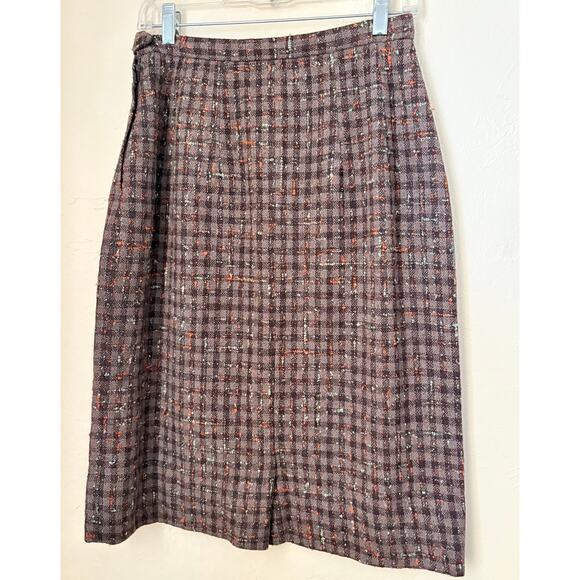 Vintage 60s A Sassy Skirt Brown Plaid Wool Tweed High Waist Midi A-Line S/M - Picture 2 of 5